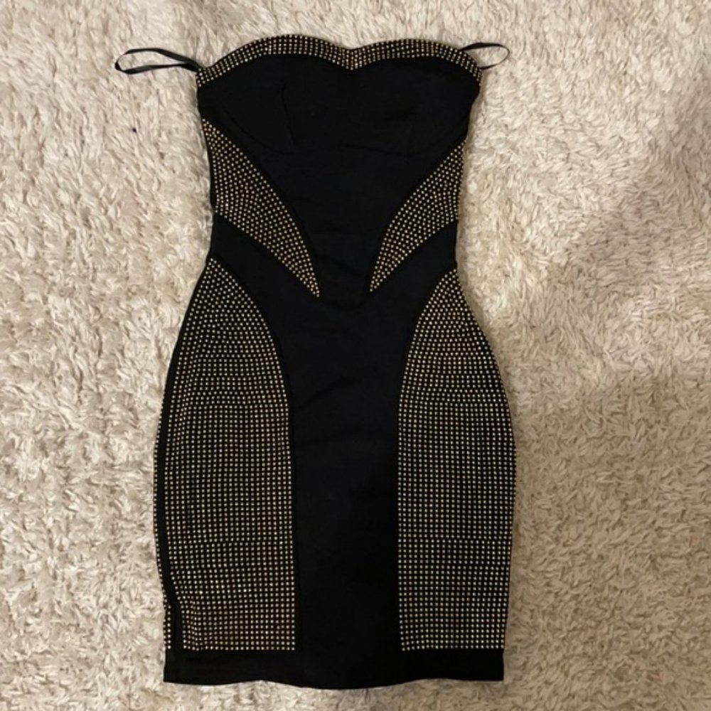 Bebe Addiction body con black gold studded dress